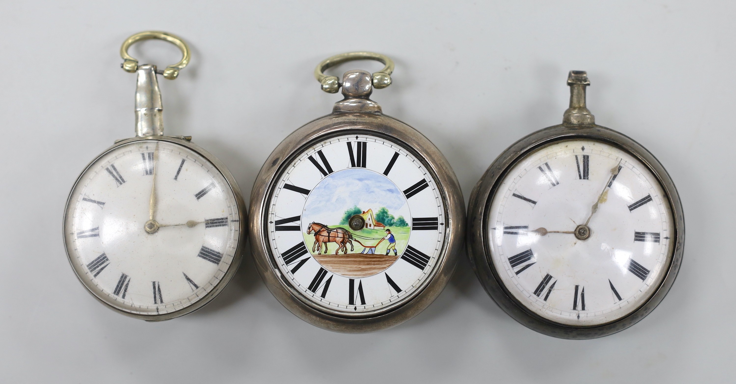 Three 18th/19th century silver pair cased keywind verge pocket watches, by J. Farrer of Pontefract (lacking outer case), John Williams of London and Morrison of London, the latter with dial decorated with a horse and far
